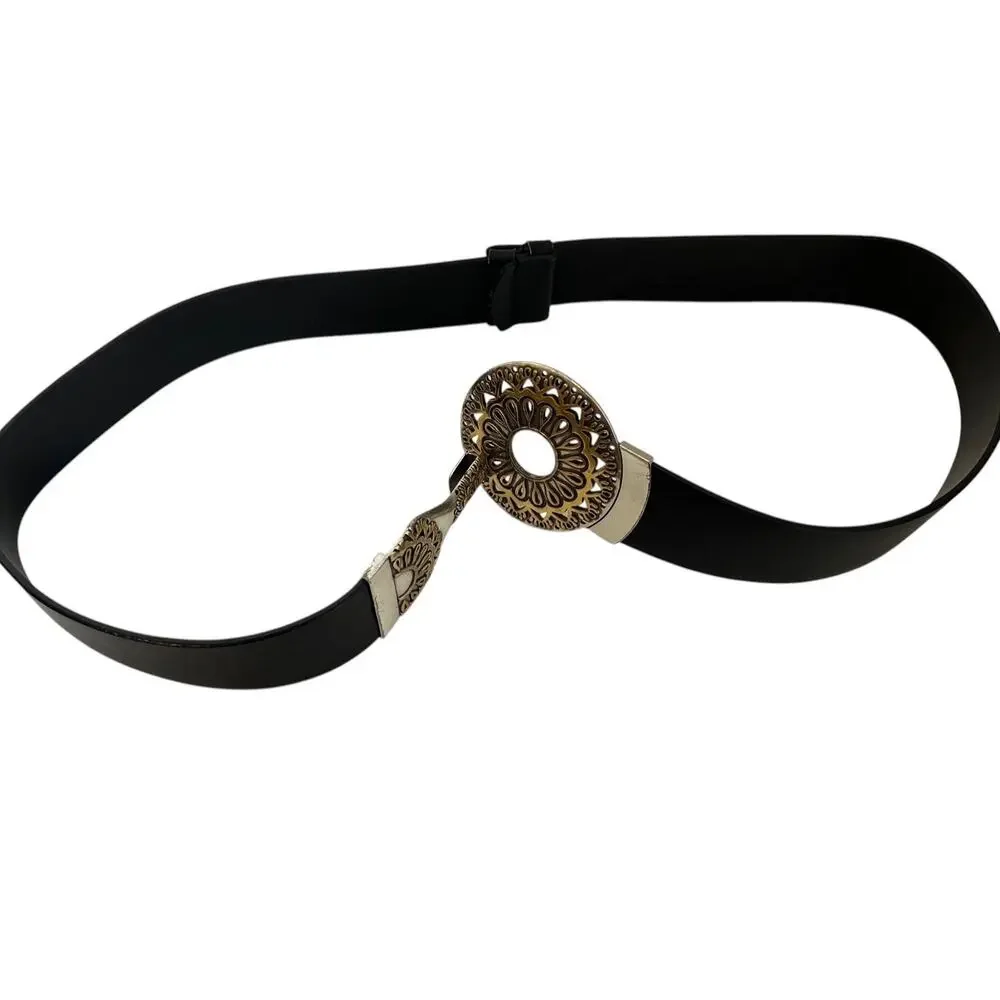 Chicos Genuine Leather Medallion Belt M/L Black Round Buckle Gold Silver Tone